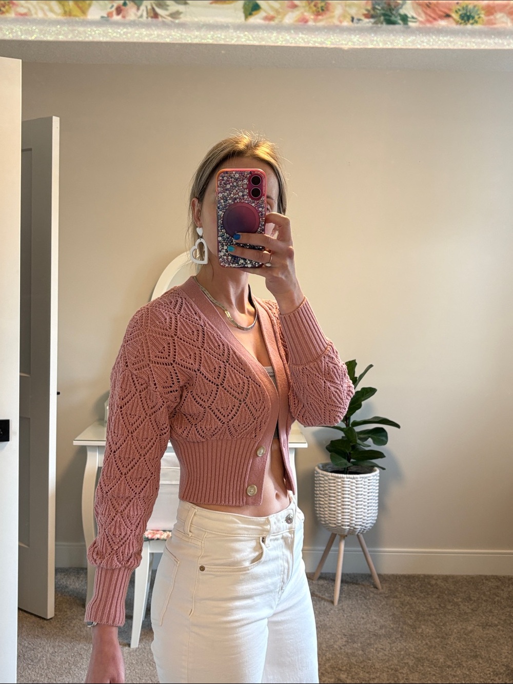Aritzia Cropped Pink Knit Cardigan Sweater